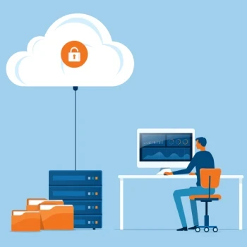 An animated depiction of a data centre next to a person sitting at a desk in front of a computer.