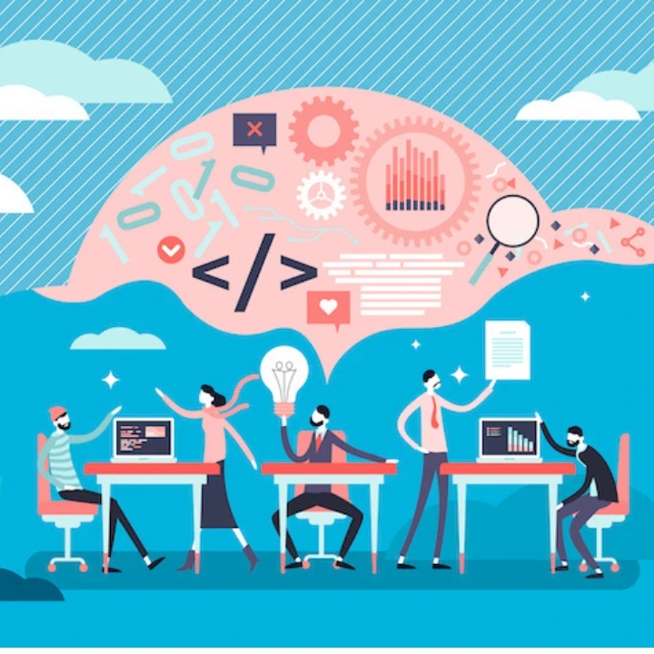 Animated figures sitting at desks with a speech bubble floating above them.