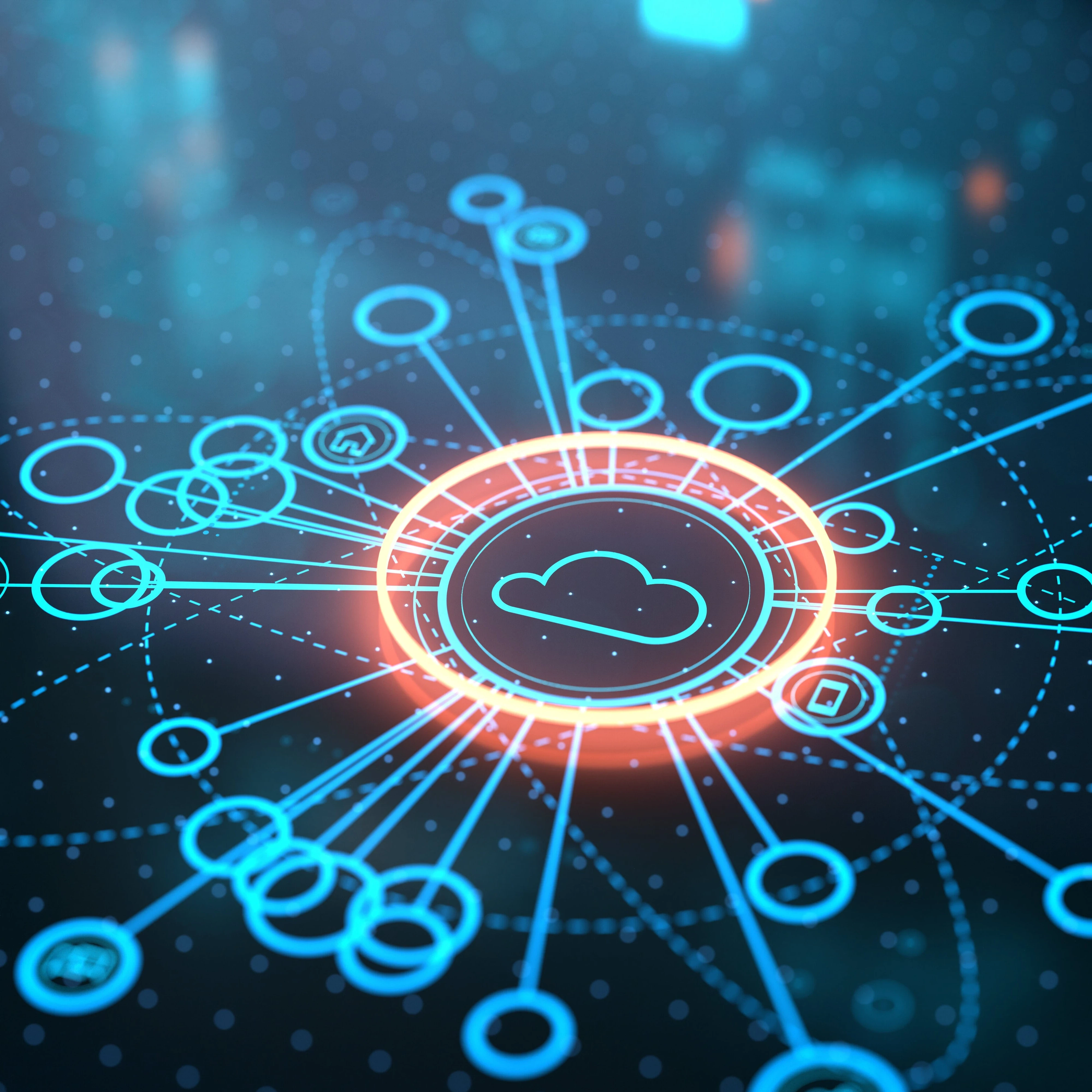 Cloud image surrounded by circles depicting a network.