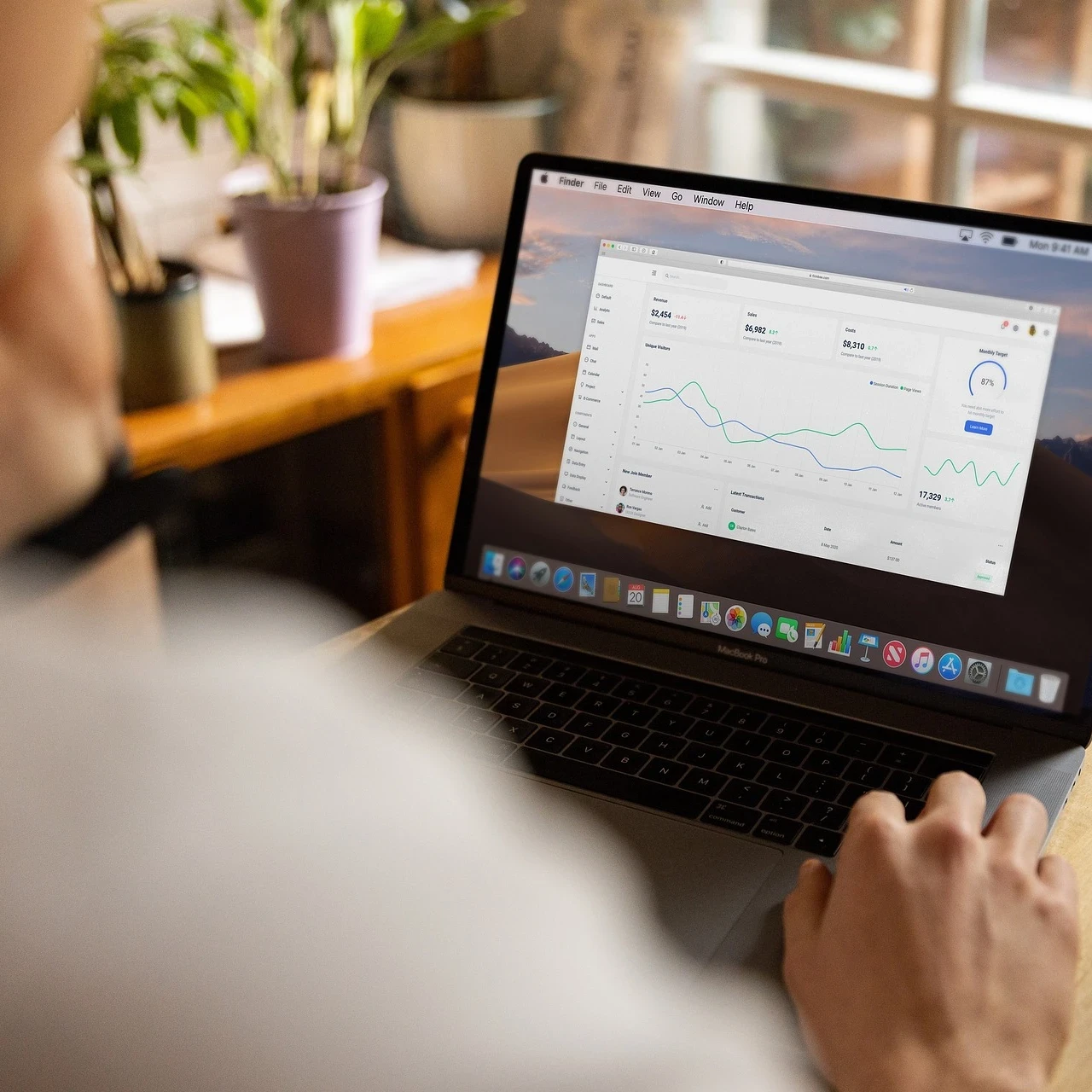 Person sitting at a desk working on a laptop with graphs on the screen.