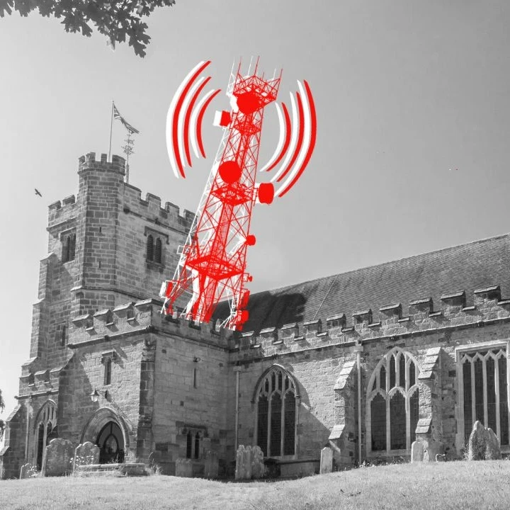 Depiction of a cellphone tower growing out of a church.