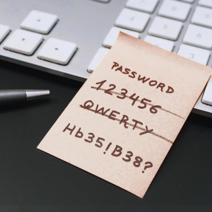 Post-It note stuck to an Apple keyboard scratching off weak passwords and ending off on a strong password.