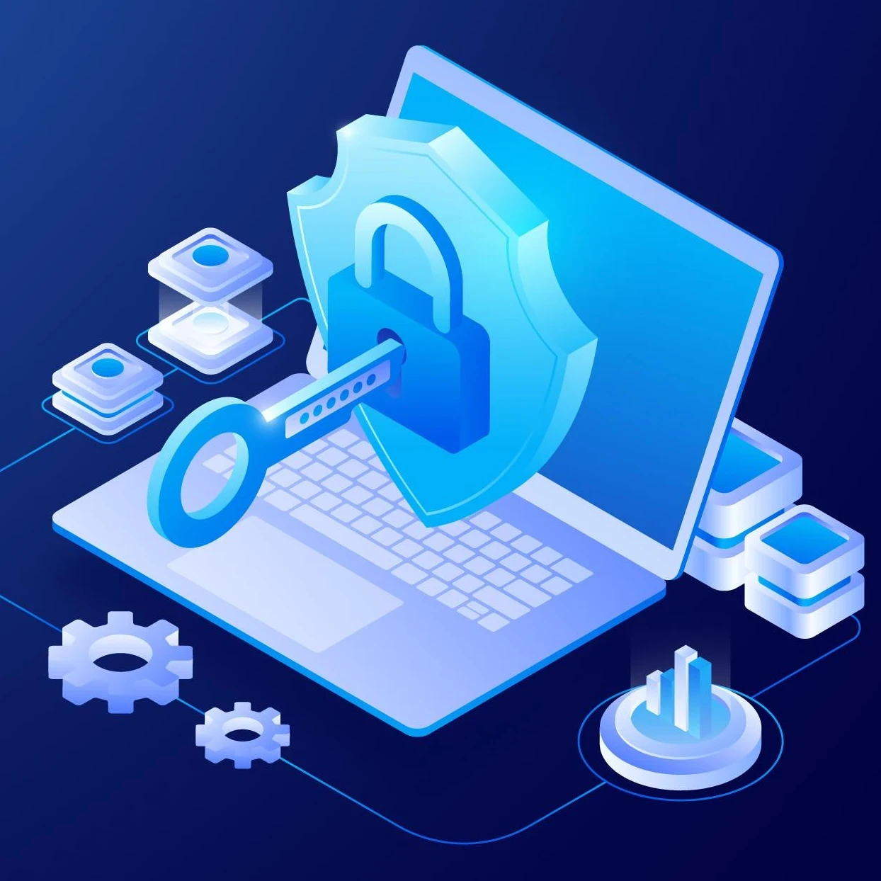 Image depicting data protection via a laptop with a lock and key.