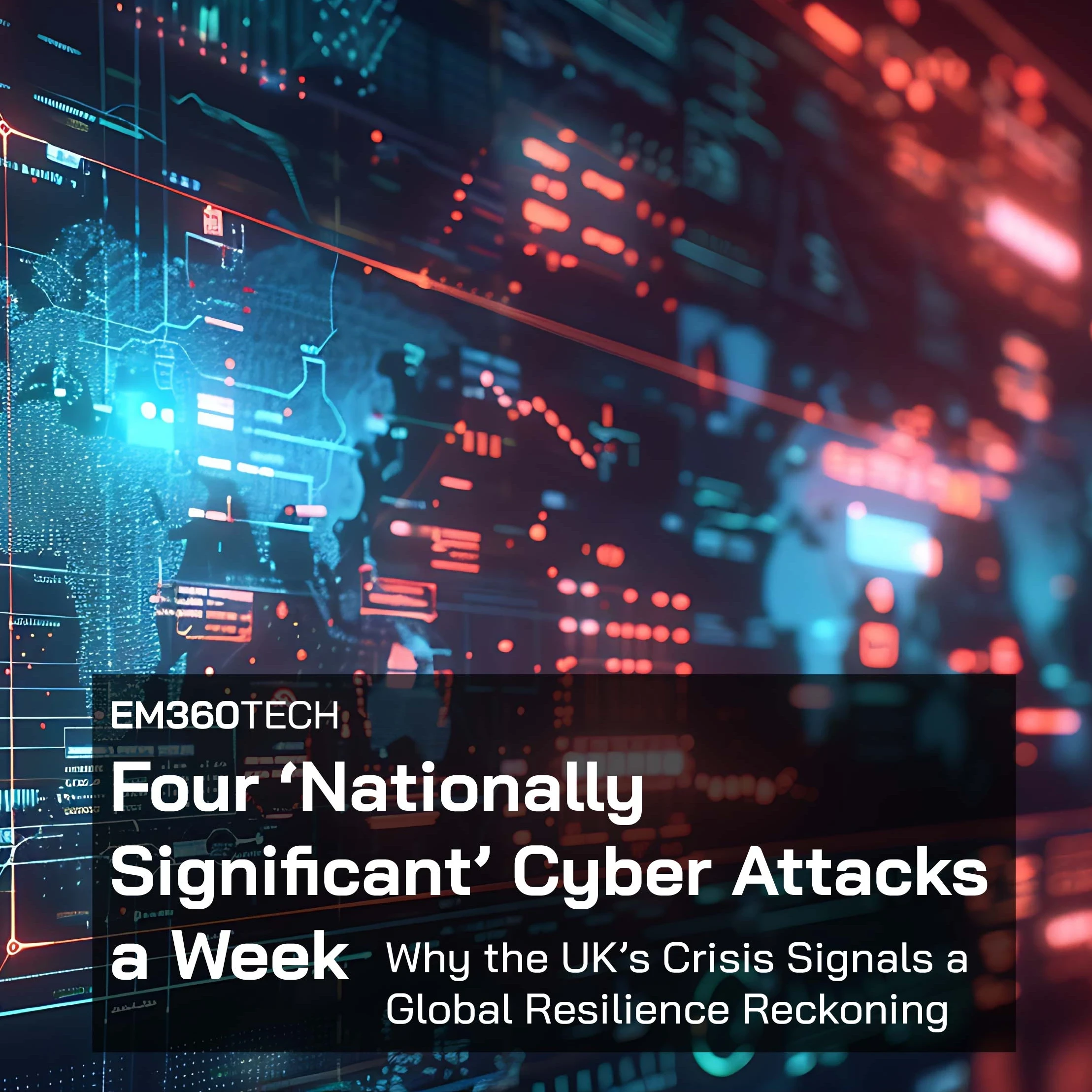 A digital map-style background showing glowing red and blue network data patterns across the world, symbolising global cyber activity and attacks. The overlay text reads “EM360Tech: Four ‘Nationally Significant’ Cyber Attacks a Week – Why the UK’s Crisis Signals a Global Resilience Reckoning,” highlighting the surge in UK cyber threats and their global implications.