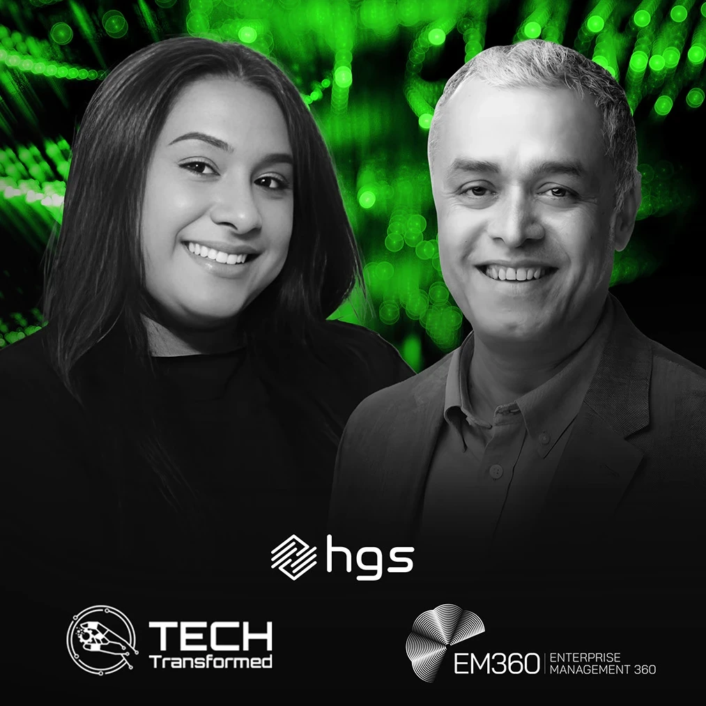 Anshuman Singh, CEO of HGS UK, and Trisha Pillay, host of Tech Transformed podcast, discussing AI in the workplace and workforce oversight.