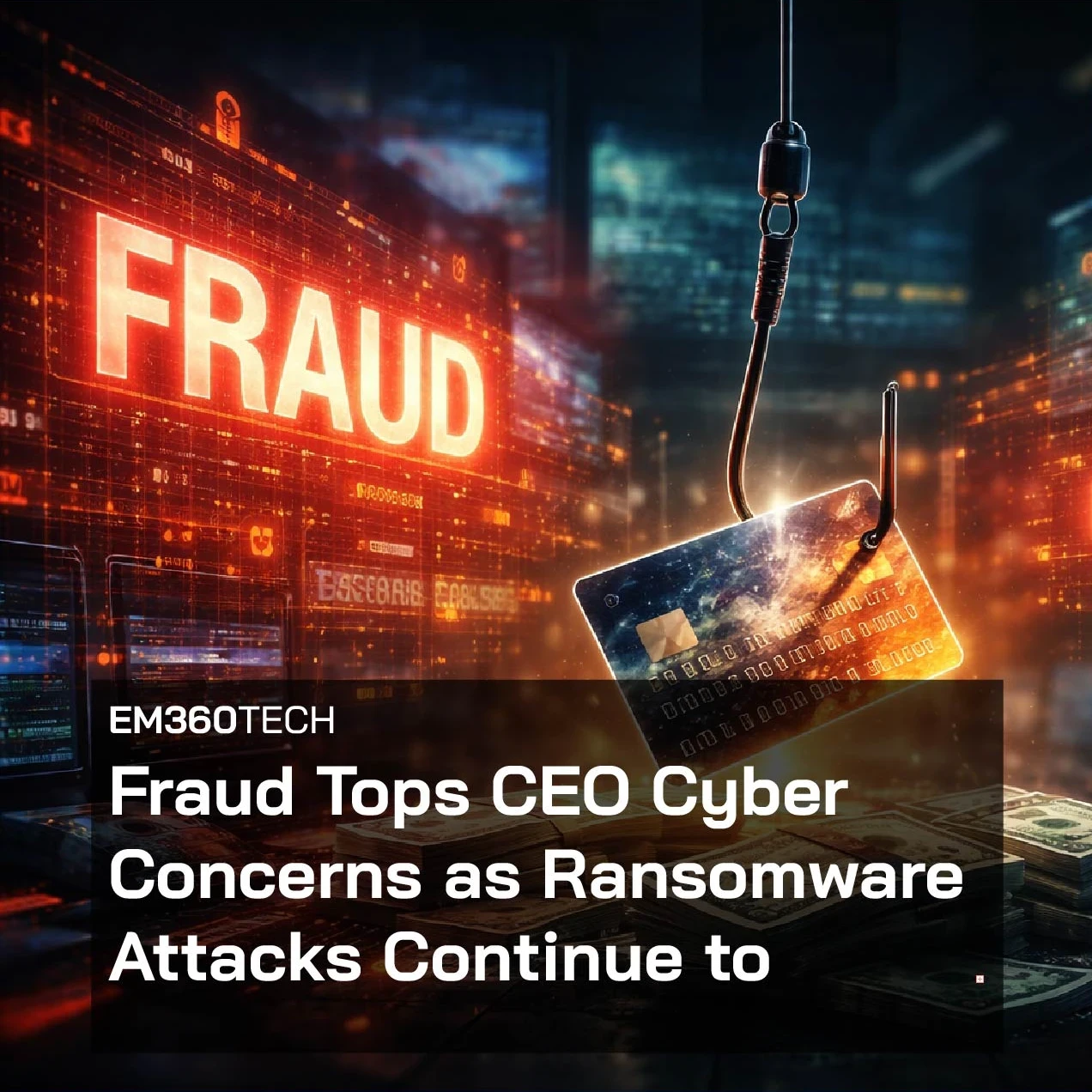 Header image with EM360Tech branding and the headline text “Fraud Tops CEO Cyber Concerns as Ransomware Attacks Surge” over a dark digital background showing a phishing hook lifting a credit card between glowing panels labelled “Fraud” and “Ransomware,” with stacks of cash below.