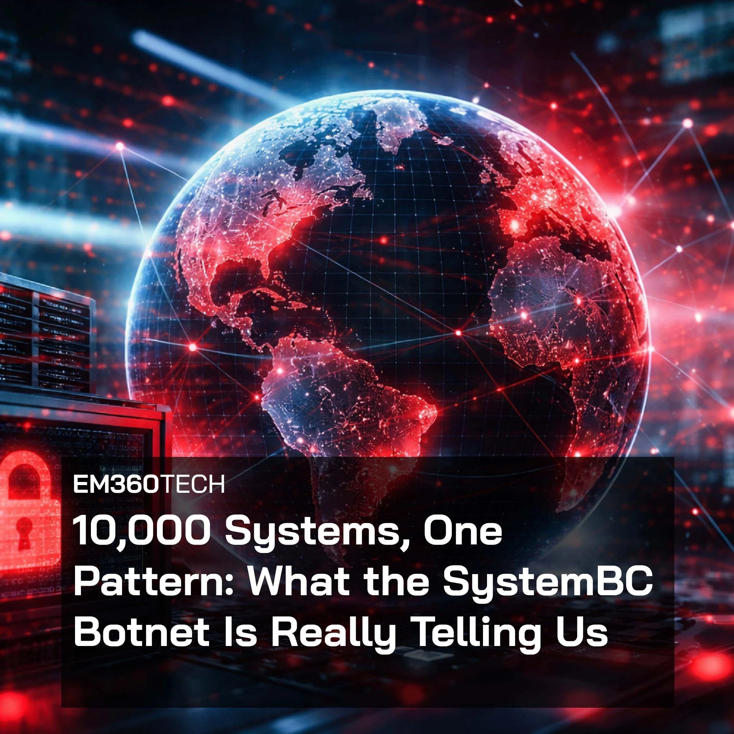 Header image showing a glowing digital globe overlaid with red network connection points and data streams, symbolising a global cyber threat and proxy-based ransomware activity. In the foreground, server infrastructure and a red security lock icon suggest compromised enterprise systems. Overlaid text reads: “EM360Tech – 10,000 Systems, One Pattern: What the SystemBC Botnet Is Really Telling Us.”