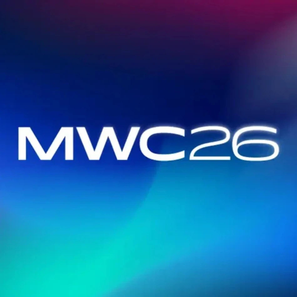 Logo of MWC26 against a bright blue background.
