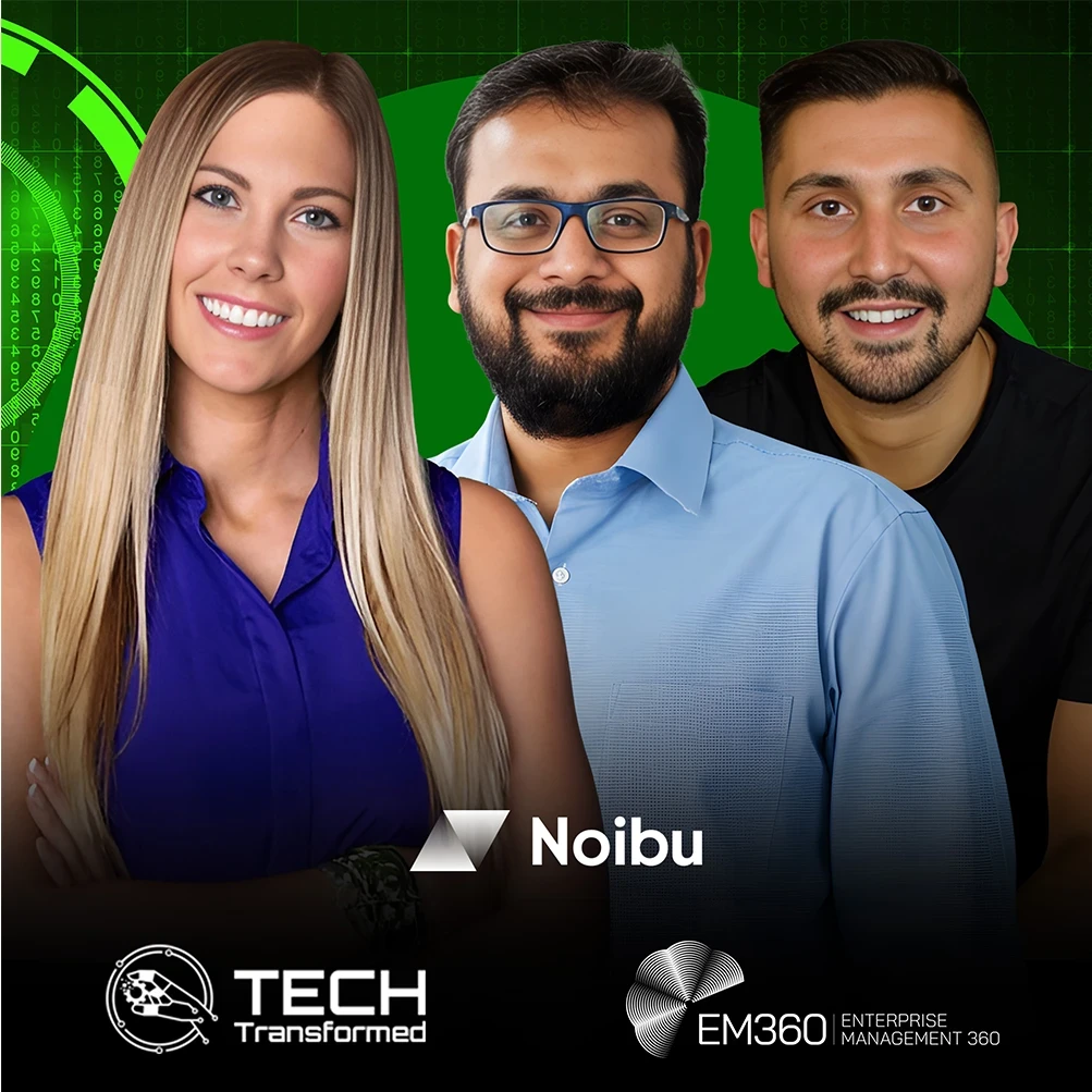 Christina Stathopoulos hosting Tech Transformed podcast with Kailin Noivo (Noibu) and Rohit Nathany (Mejuri) discussing ecommerce data, AI, and revenue growth.
