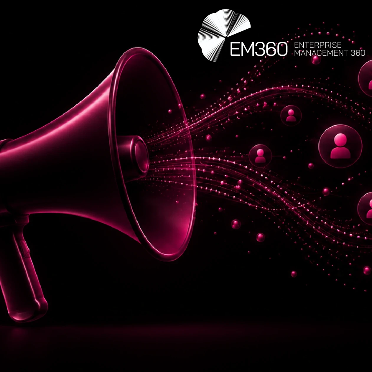 Black header graphic with a deep magenta megaphone broadcasting flowing particle trails and audience icons. White text reads “Why Boosting Content Isn’t A Strategy”, with the EM360 Enterprise Management 360 logo above. 
