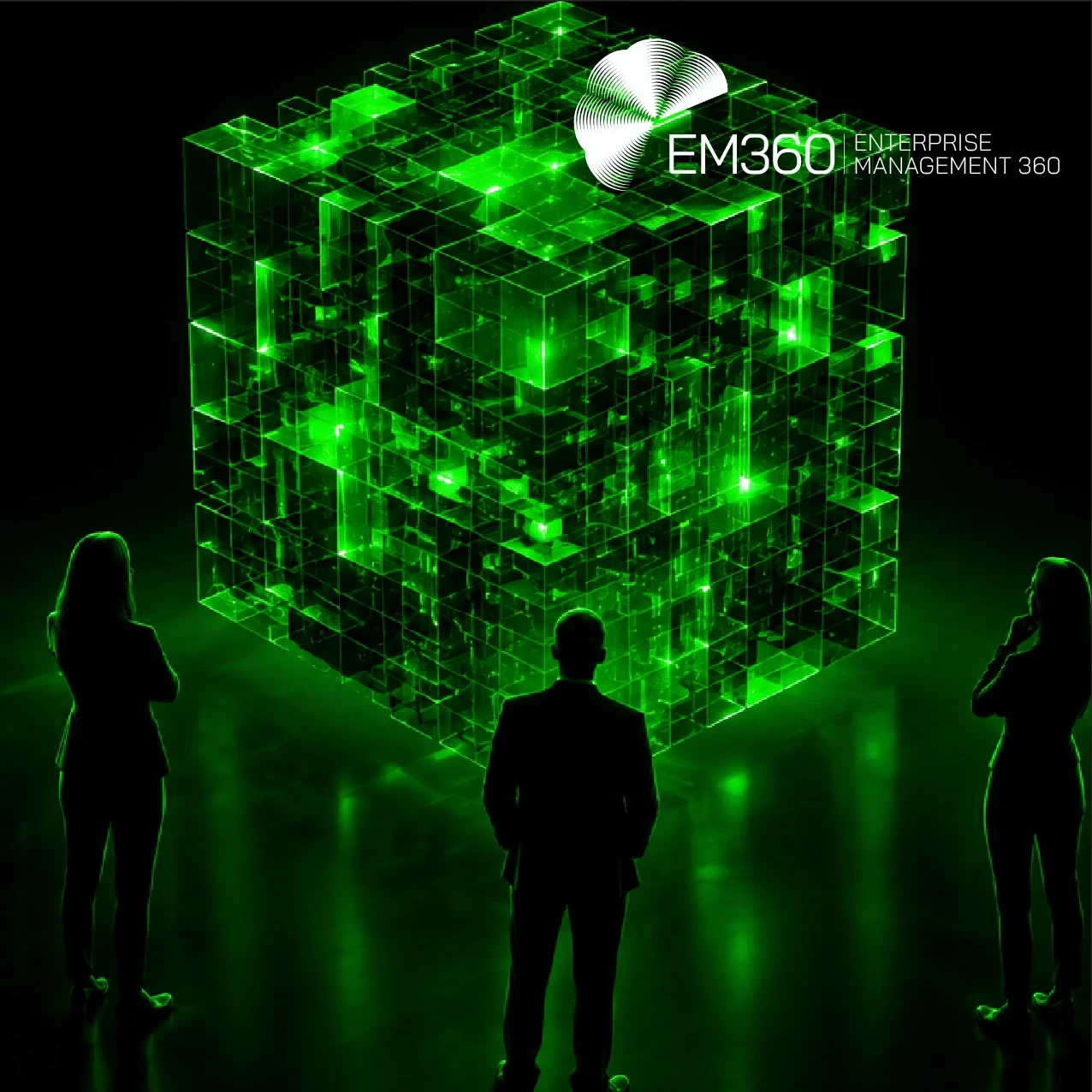 Black header graphic with five silhouetted people surrounding a glowing green digital cube. White text reads “AI Governance Without Full Understanding” with the subtitle “We look at how organisations can govern AI responsibly when complete understanding isn't possible and uncertainty can't be eliminated.” EM360 logo at the top. 