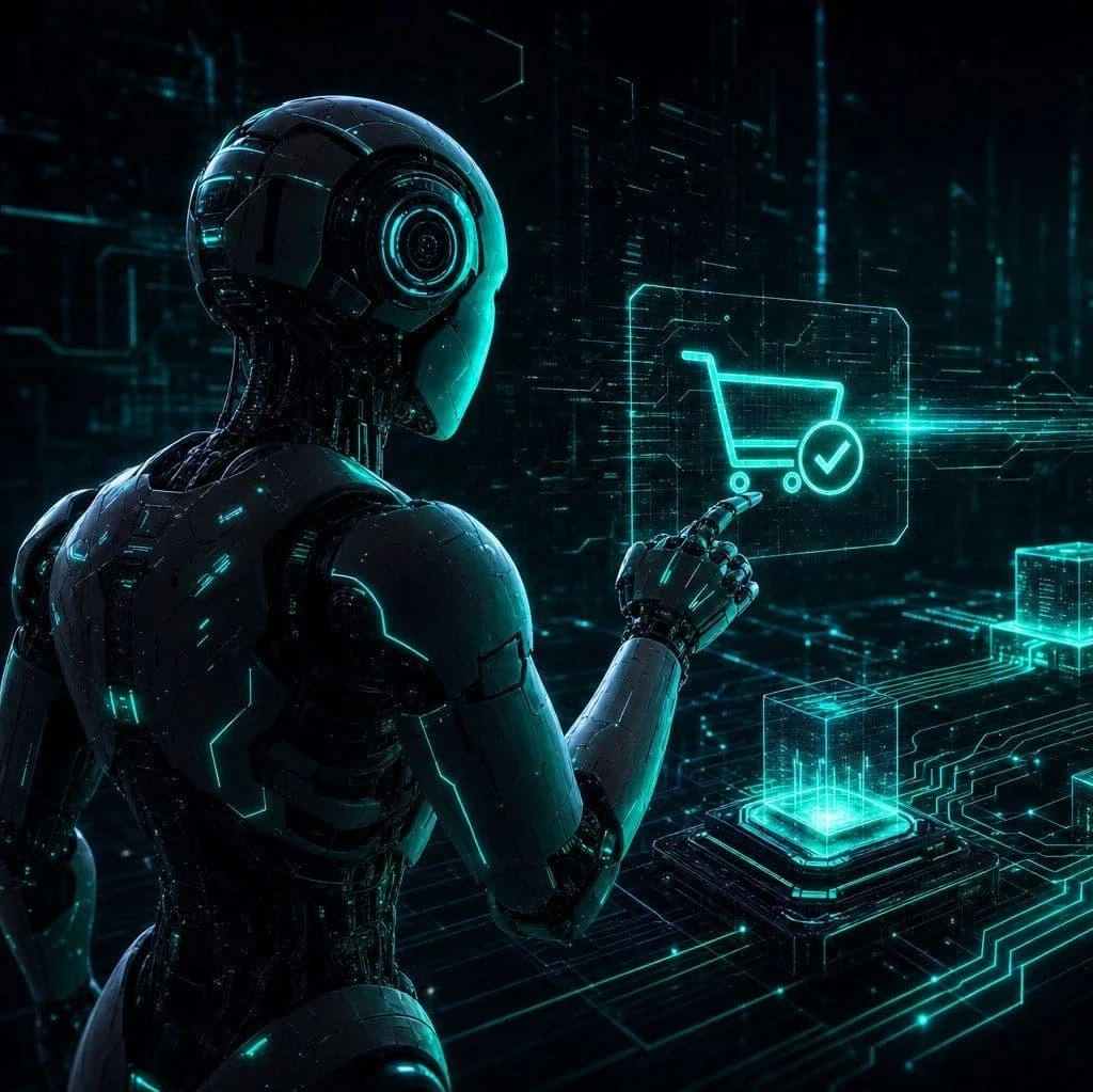 A robot handling an online shopping transaction with a trust check mark in the background.