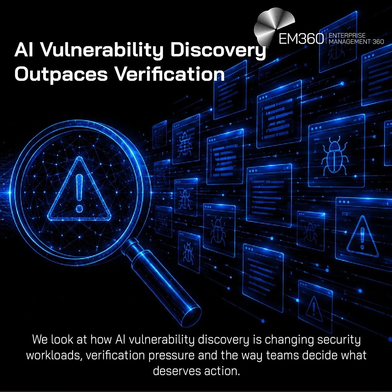 An EM360 header graphic illustrating the growing gap between AI-powered vulnerability discovery and security teams' ability to verify findings. A glowing digital brain feeds into a magnifying glass containing a warning symbol, with numerous vulnerability and code alerts extending across the background. The accompanying text highlights how AI vulnerability discovery is changing security workloads, increasing verification pressure and affecting how teams decide which findings deserve action.