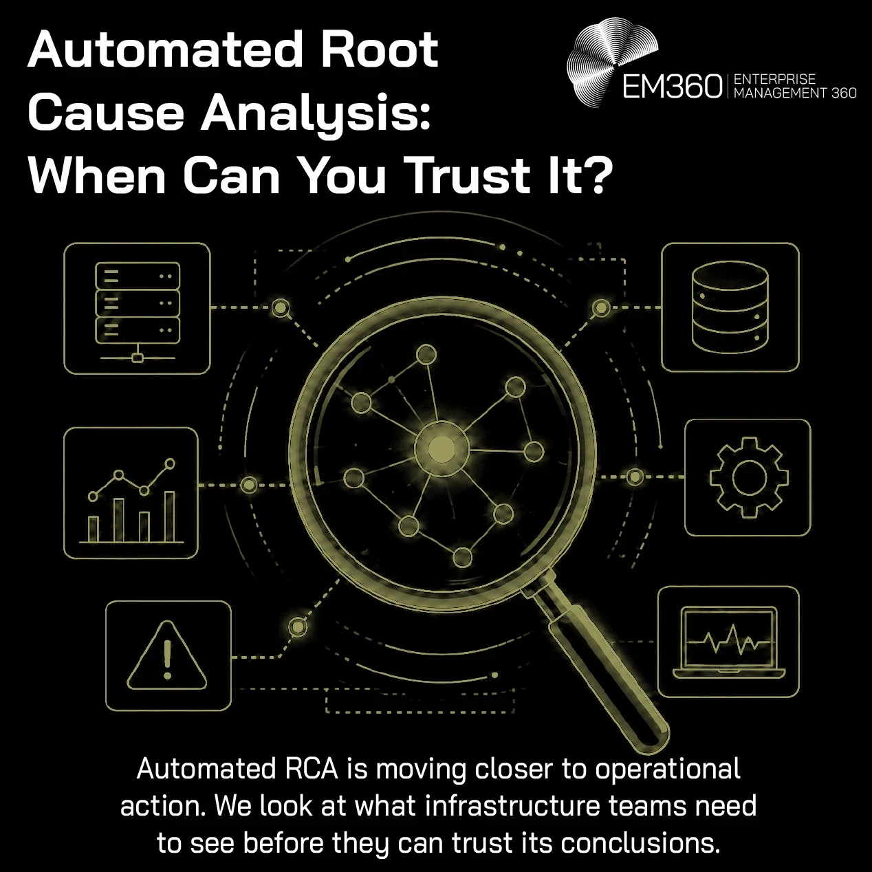 An EM360 header graphic for automated root cause analysis. Against a black background, a large magnifying glass examines an interconnected system diagram surrounded by icons representing infrastructure, operational metrics, incidents, databases and monitoring. The accompanying text explains that automated RCA is moving closer to operational action and asks what infrastructure teams need to see before they can trust its conclusions.