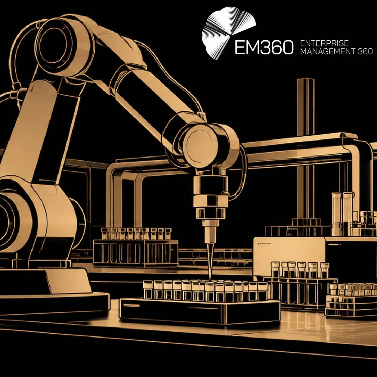 EM360Tech header graphic featuring a beige vector illustration of a robotic arm working with laboratory equipment, test tubes and sample trays against a black background. Large white text reads “Self-Driving Laboratories and Industrial R&D”, with the subtitle “We look at how self-driving laboratories are changing industrial research and what it takes to turn autonomous experiments into trustworthy results.” The white EM360Tech logo appears in the top-right corner.