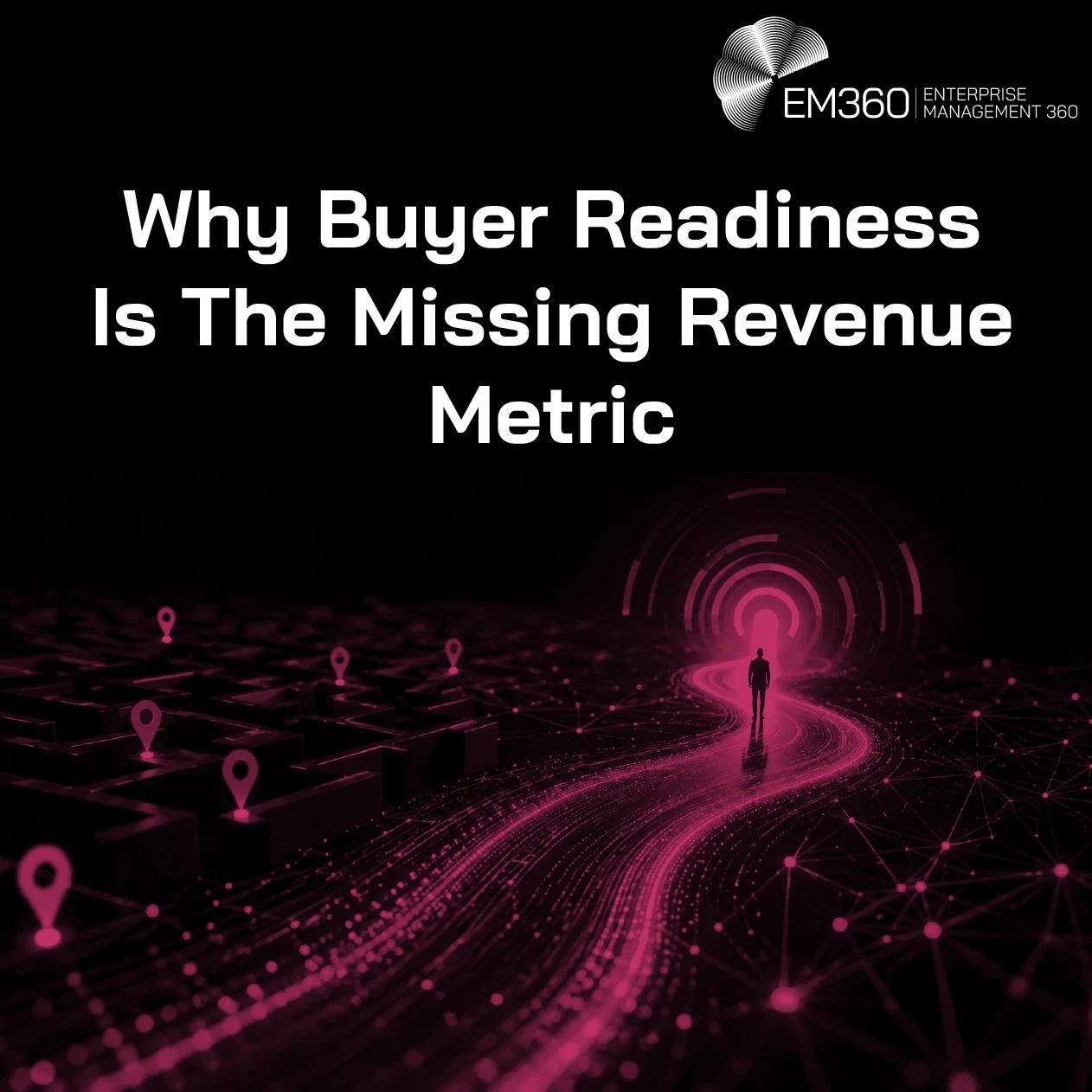 Header graphic titled “Why Buyer Readiness Is The Missing Revenue Metric”. A lone figure follows a glowing pink digital path through a dark maze towards a bright circular target, surrounded by network connections and location markers. The EM360 logo appears above the title.