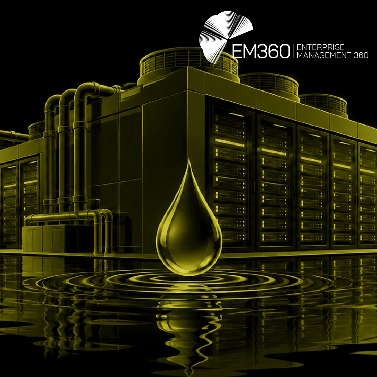 Black EM360Tech header graphic showing an olive data centre with server racks, cooling units and pipes reflected in rippling water, with a large water droplet in front. White text reads “Data Center Water Use Explained” and “We explain why data center water use varies so widely and what enterprises need to know when assessing infrastructure and provider claims.”