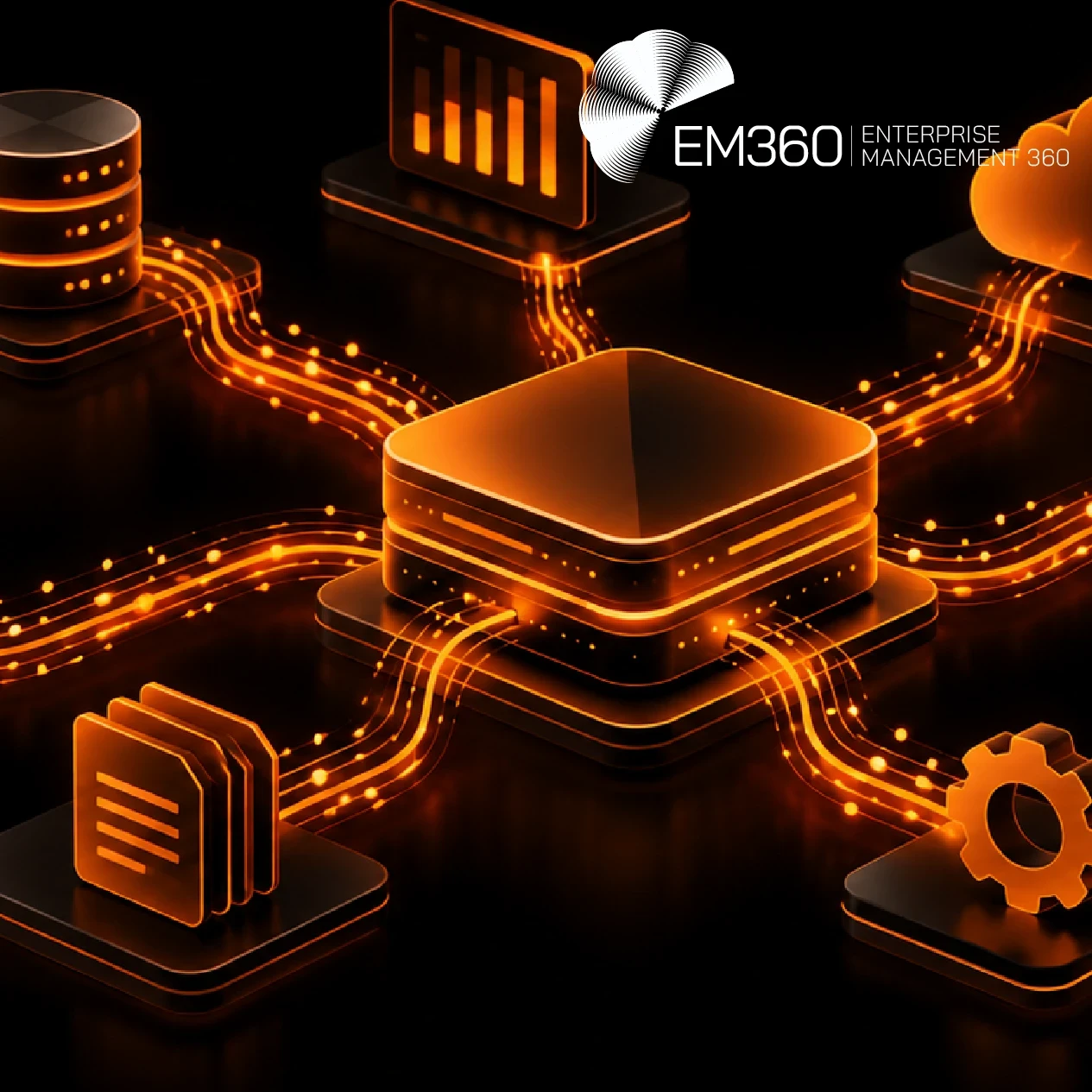 Landscape header graphic with a black background and glowing orange illustrations of interconnected databases, servers, a cloud, laptop, documents and gear surrounding a central data hub. Bright orange data streams connect the systems. The white EM360Tech logo appears in the upper right. Large white text reads “Data Observability in Integration Platforms”, with the subtitle “We consider whether data observability belongs inside integration platforms or needs an independent view across systems.”