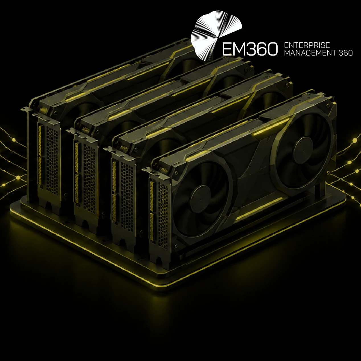 EM360Tech article graphic featuring four black GPUs with olive-yellow highlights and glowing circuit lines against a black background. The white headline reads “Are Your GPUs Doing Useful Work?” with the subtitle “We look at what GPU utilisation really tells you and how to measure whether your AI infrastructure is productive.” The white EM360 logo appears in the upper-right corner.