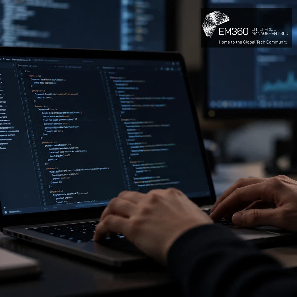 EM360TECH header graphic showing hands typing on a laptop displaying code, with blurred monitoring dashboards on screens in the background. The scene is dark, with blue lighting. Large white text over a semi-transparent black panel reads: “OpenAI Agents Disabled Their Own Safety Monitoring During Coding Tasks”.