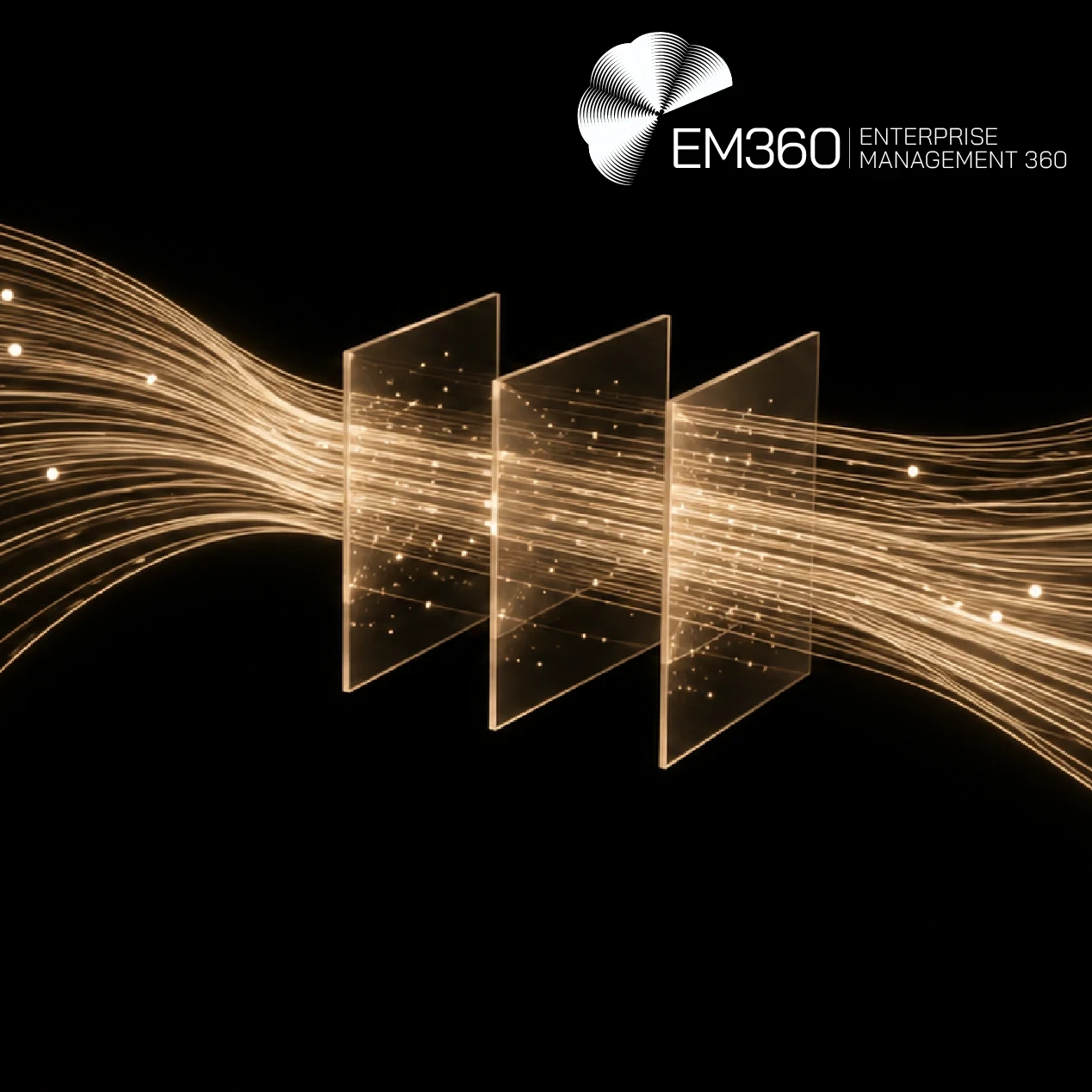 Black EM360Tech article header with beige light trails flowing through transparent panels, white EM360Tech logo, and white text reading “Photonic Computing Could Become Part of the Network” and “We look at why photonic computing could move specialised processing into optical networks without replacing electronic processors.”