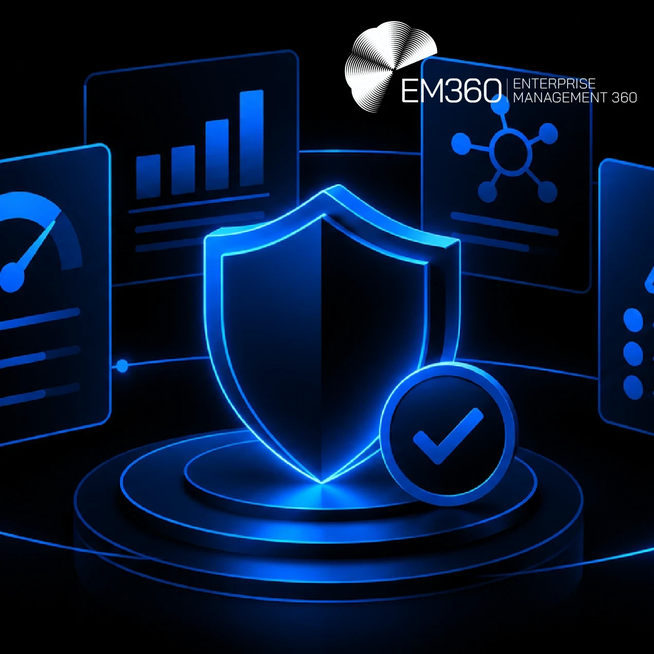 Black background with glowing blue cybersecurity graphics, including a central shield, checkmark, risk gauge, bar chart, network nodes and warning symbol. Large white heading reads “CVSS, EPSS and KEV Vulnerability Prioritisation”, with the subtitle “We explain how CVSS, EPSS and CISA KEV help prioritise vulnerabilities based on real-world risk.” The white EM360 logo appears in the top-right corner.