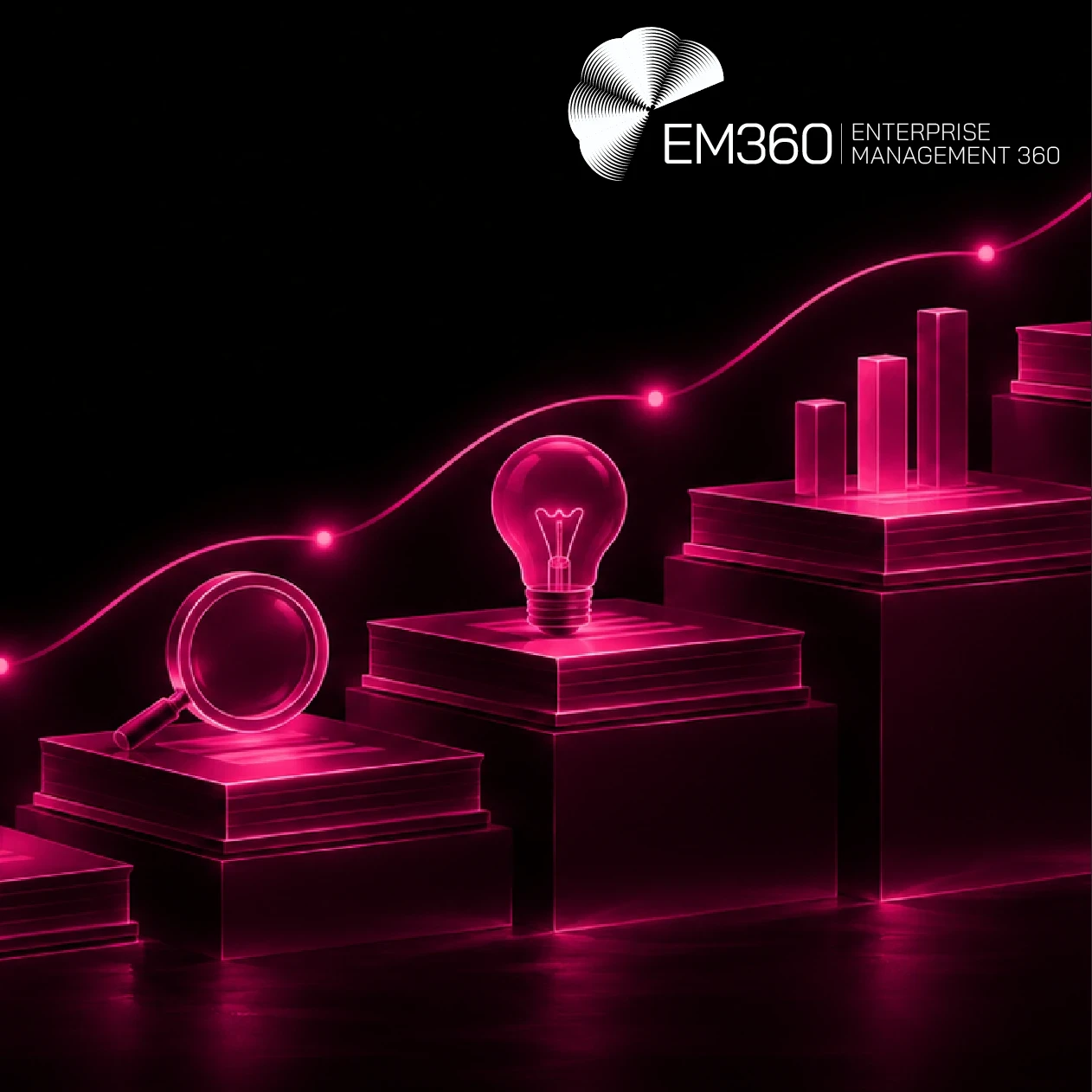 EM360Tech article header graphic titled “How to Build Lasting B2B Authority”, featuring a rising staircase of glowing magenta platforms with research, ideas, growth and target symbols against a black background.