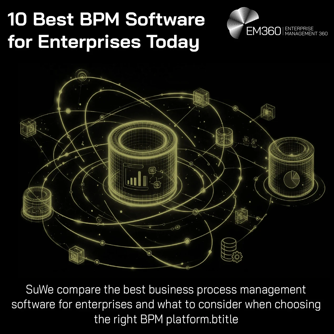 EM360Tech header graphic with a black background and olive-green illustrations of a central laptop displaying a workflow diagram, connected to icons representing automation, employees, databases, cloud systems, coding, AI and documents. Large white text reads “Best BPM Software for Enterprises Today”, with a subtitle explaining the comparison of enterprise BPM software and selection criteria. The white EM360 logo appears in the upper-right corner.