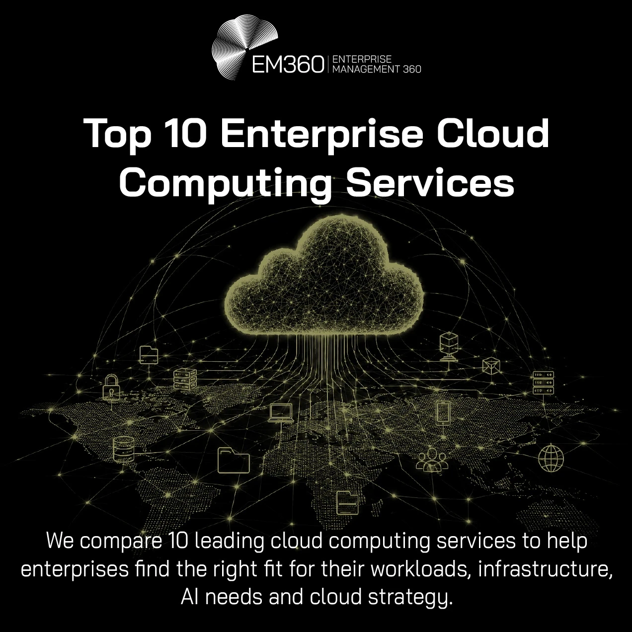 A black-and-olive EM360Tech header graphic showing a large glowing digital cloud made from interconnected network lines above a dotted world map. Connected icons for servers, databases, security, devices, users and global networking appear across the map. White text reads: “Top 10 Cloud Computing Services for Enterprises” and “We compare 10 leading cloud computing services to help enterprises find the right fit for their workloads, infrastructure, AI needs and cloud strategy.” The EM360 Enterprise Managemen