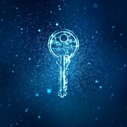 Depiction of a key with blue dots and network fibres.