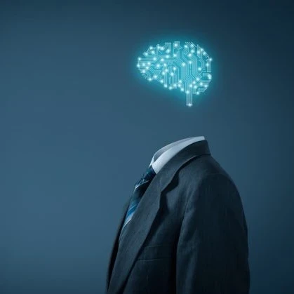 A body with a suit on and an animated brain floating above it.