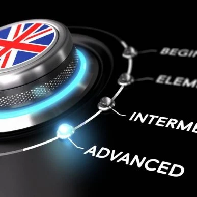 A dial with a UK flag surrounded by the words, "Beginning", "Elementary", "Intermediate" and "Advanced"