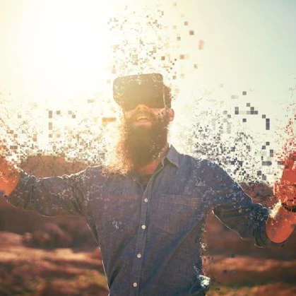 A person wearing a VR headset as if they are becoming part of the virtual world