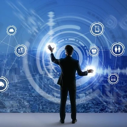 A businessman manipulating cloud-related icons on a see-through screen with a city landscape in the background.