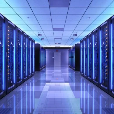 Image showing a large warehouse with servers behind glass doors