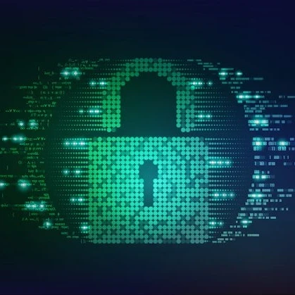 Image of a padlock created from dots and binary code in green and blue, creating a shape of an eyeball with the padlock in the centre