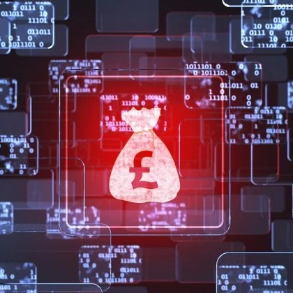 Bag of money with a GBP sign on it in front of a backdrop made up of binary code