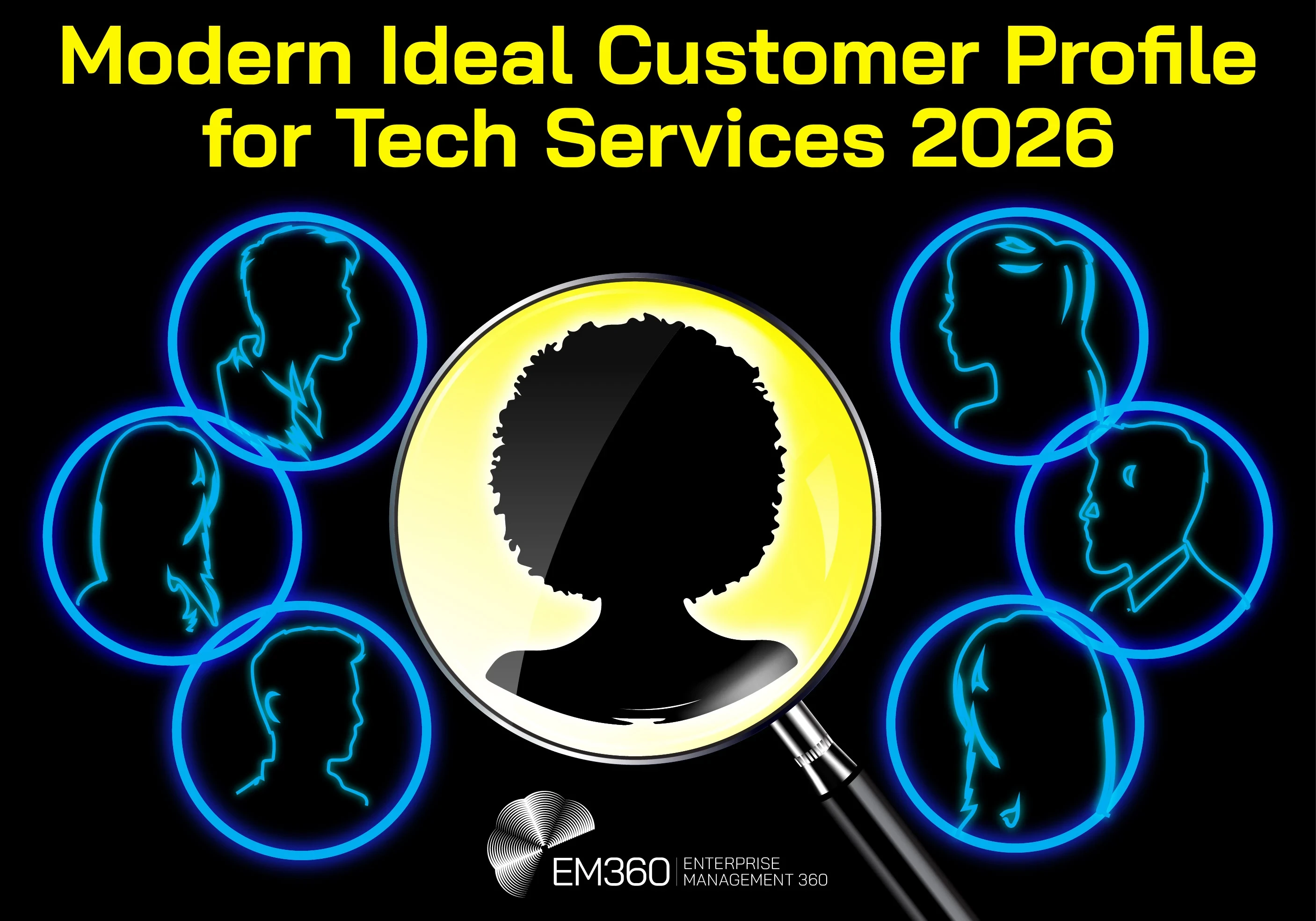 Header image with neon-style illustration titled &ldquo;Modern Ideal Customer Profile for Tech Services 2026&rdquo;, showing a central magnifying glass highlighting a single customer profile, surrounded by multiple outlined buyer silhouettes, with the EM360 Enterprise Management 360 logo at the bottom.