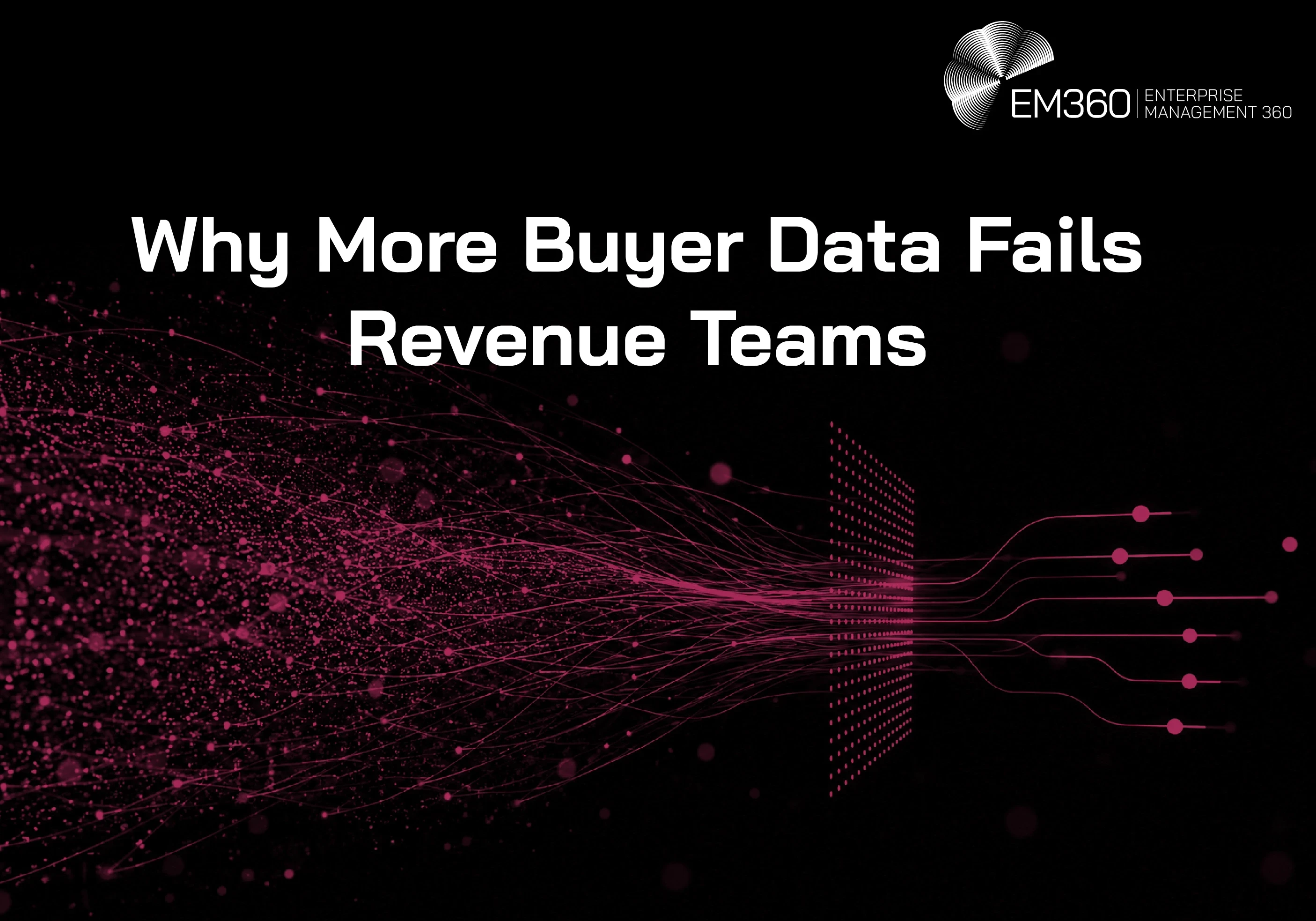 Header graphic titled &ldquo;Why More Buyer Data Fails Revenue Teams&rdquo;. A dense stream of pink data points and lines moves from the left towards a filtering grid, emerging on the right as a smaller number of organised connections against a black background. The EM360 logo appears at the top.